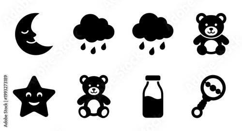 Baby nursery icon set with 8 black vector elements, cute infant toy silhouettes, sleepy moon and star symbols for newborn shower invitations