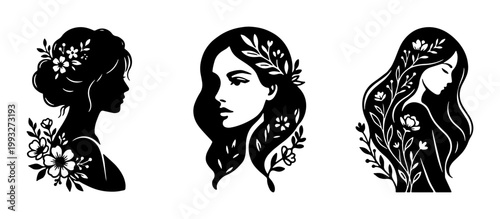 Elegant woman silhouette set with floral hair ornaments, feminine beauty profile illustrations, black and white botanical lady portraits, 3 vector icons