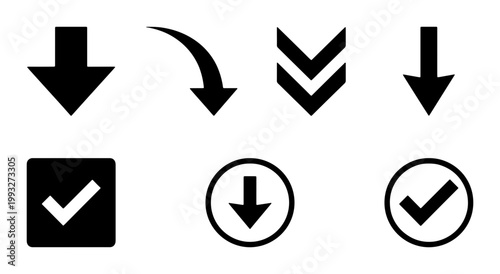 Black arrow icon set with checkmarks, minimalist directional pointer collection, download and navigation symbols for web interface design