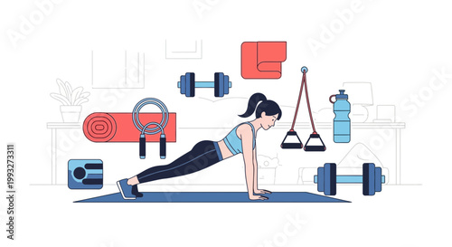 Fitness, woman exercising, workout routine, yoga mat, dumbbells, home gym, exercise equipment