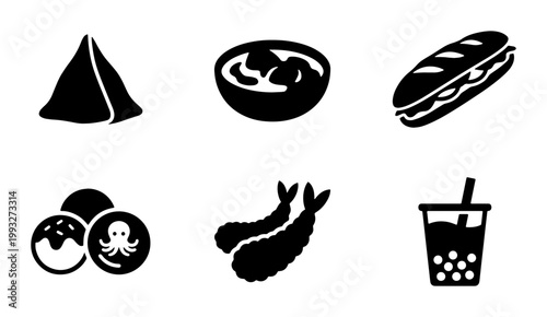 Minimalist street food icons set, black solid vector symbols of takoyaki and tempura, asian cuisine and fast food snacks for restaurant menu design