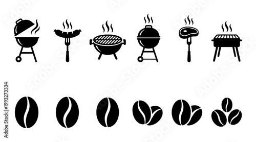 Barbecue grill and coffee bean icon set, black silhouette BBQ equipment and roasted coffee seeds vector collection, minimalist food and drink symbols