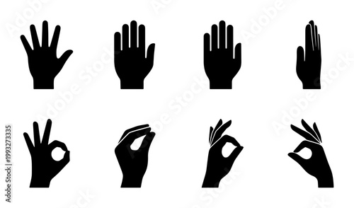 Black hand silhouettes set, 8 human hand gestures vector icons, open palm and okay sign symbols, minimalist body language illustrations for UI design