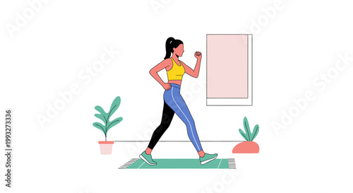 woman running, home workout, fitness illustration, exercise at home, running on place