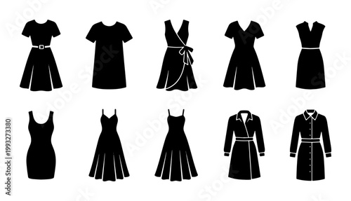 Minimalist black dress silhouette icons, set of 10 female fashion garment vectors, elegant women apparel clothing symbols for retail and web design
