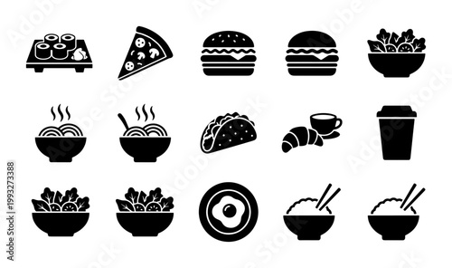 Minimalist fast food icons set, 15 black solid vector symbols of restaurant meals, takeout food and drink silhouettes for menu design
