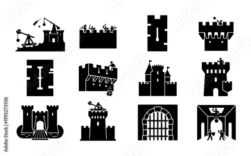Medieval castle siege icons, 12 black silhouette vector elements, fortress defense and warfare glyphs, ancient stone architecture and battle scenes