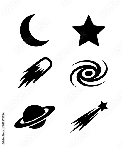 Minimalist space icon set, black celestial vector silhouettes of moon and stars, 6 astronomical galaxy elements for science and education design