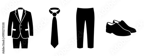 Formal business suit icons set, black silhouette of mens blazer and necktie, elegant dress pants and leather shoes vector illustration