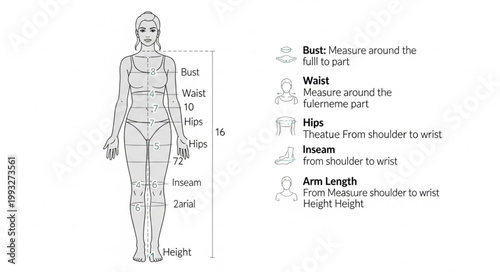 Human body measurement diagram with labels for tailoring and fashion design.