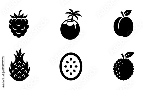Minimalist fruit icon set, black solid vector silhouettes of tropical fruits, collection of 6 organic food symbols for menu and packaging design