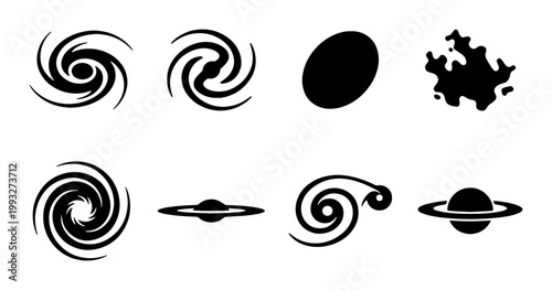 Minimalist galaxy icons set, black spiral nebula and planet silhouettes, 8 celestial space vector elements for scientific diagrams and cosmic branding