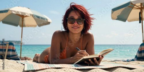 Slim red-haired woman in orange bikini lying on beach towel, writing in notebook, wearing dark sunglasses, with beach umbrellas and turquoise ocean in the background.