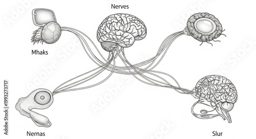 Human Nervous System Diagram Showing Brain and Sensory Organs.