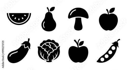 Minimalist fruit and vegetable icon set, black silhouette organic food symbols, collection of 8 healthy produce vector illustrations for grocery apps