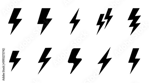 Lightning bolt icon set, black thunderbolt symbols for energy and power, 10 electric flash vector elements for logo design and interface UI