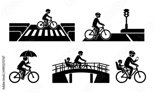 Bicycle safety and urban cycling icons set, cyclist silhouettes on road and bridge, black and white vector illustrations for city transport infographics