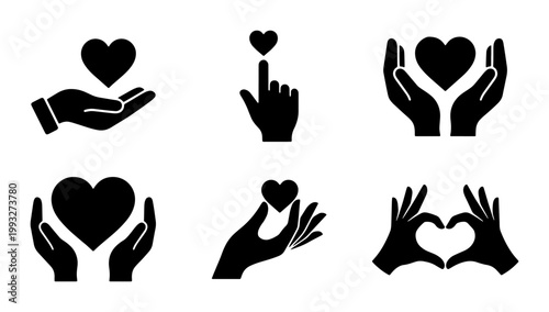 Minimalist heart and hand icons set, black silhouette charity symbols, 6 vector elements for love and care concepts, volunteer and donation graphics