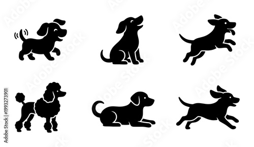Cute dog silhouette icons set, black puppy vector graphics in various poses, 6 cartoon pet animal illustrations for veterinary and pet shop branding
