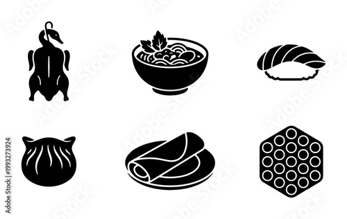 Asian food icon set, black solid vector symbols of Peking duck, ramen bowl, sushi nigiri, dim sum dumpling, spring roll and egg waffle