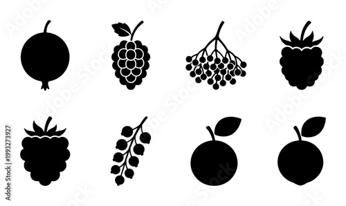 Black berry fruit icons set, minimalist berry silhouette vector collection, 8 organic berry symbols for food packaging and healthy lifestyle branding