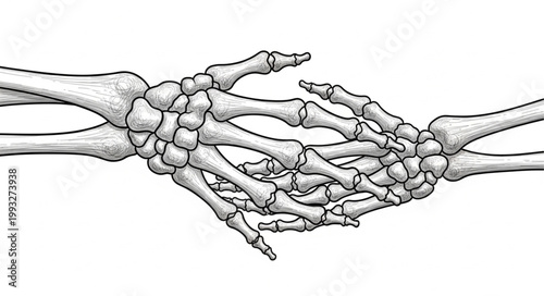 Two skeletal hands shaking in a symbolic gesture of connection.