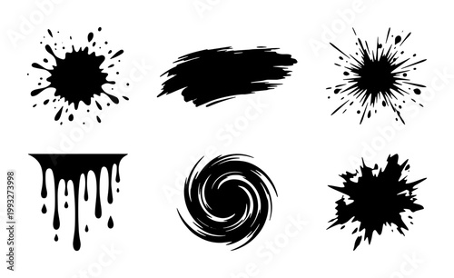 Grunge black ink splatters and paint drips, set of 6 vector brush strokes, abstract liquid splash and swirl elements for graphic design