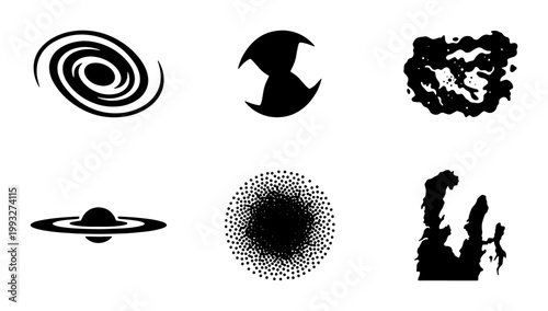 Minimalist space icons set, black celestial galaxy silhouettes, 6 vector astronomy elements including spiral galaxy and nebula icons for science design