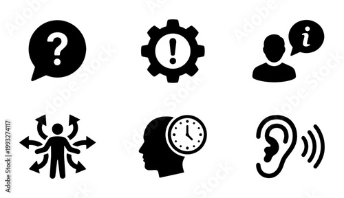 Minimalist information and support icon set, black vector symbols for customer service, help desk and user assistance interface design