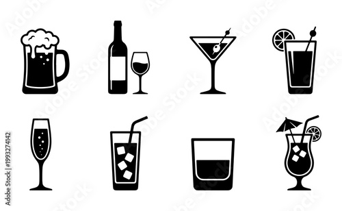Alcoholic beverage icons set, black minimalist drink silhouettes, 8 vector symbols of beer wine and cocktails for bar menus and restaurant signage