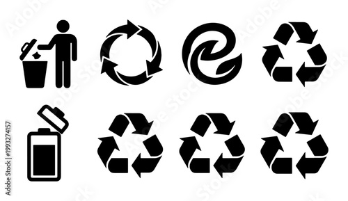 Recycle symbol icon set, black environmental waste management signs, 8 eco-friendly sustainability vector elements for packaging and sorting