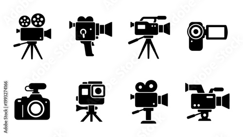 Professional video camera icon set, black movie camera silhouettes, 8 film production equipment vectors for cinematography and broadcasting