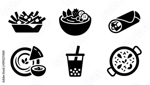 Modern food icons set, black solid vector symbols of poutine, acai bowl, burrito, hummus, boba tea and paella, restaurant menu graphic elements