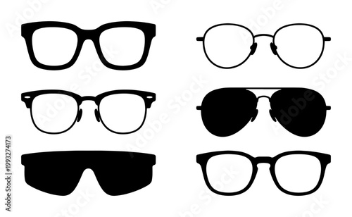 Black eyewear silhouettes, set of 6 glasses and sunglasses icons, modern and vintage optical frame vector illustrations, minimalist fashion accessories
