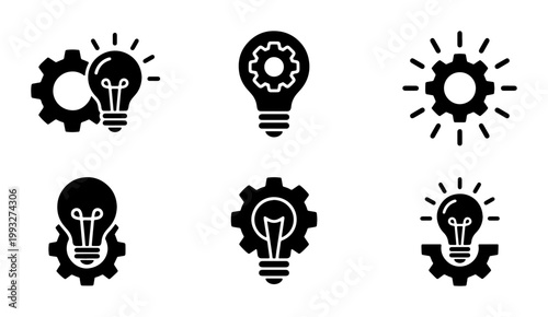Minimalist innovation icon set, black lightbulb and gear vector symbols, creative engineering and problem solving concept icons for business