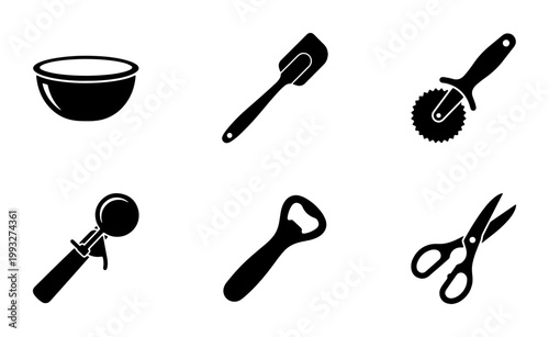 Minimalist kitchen tool icons, set of 6 black solid vector symbols, professional culinary equipment for cooking and baking apps