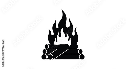 A striking black silhouette of a campfire with burning logs and flames silhouette