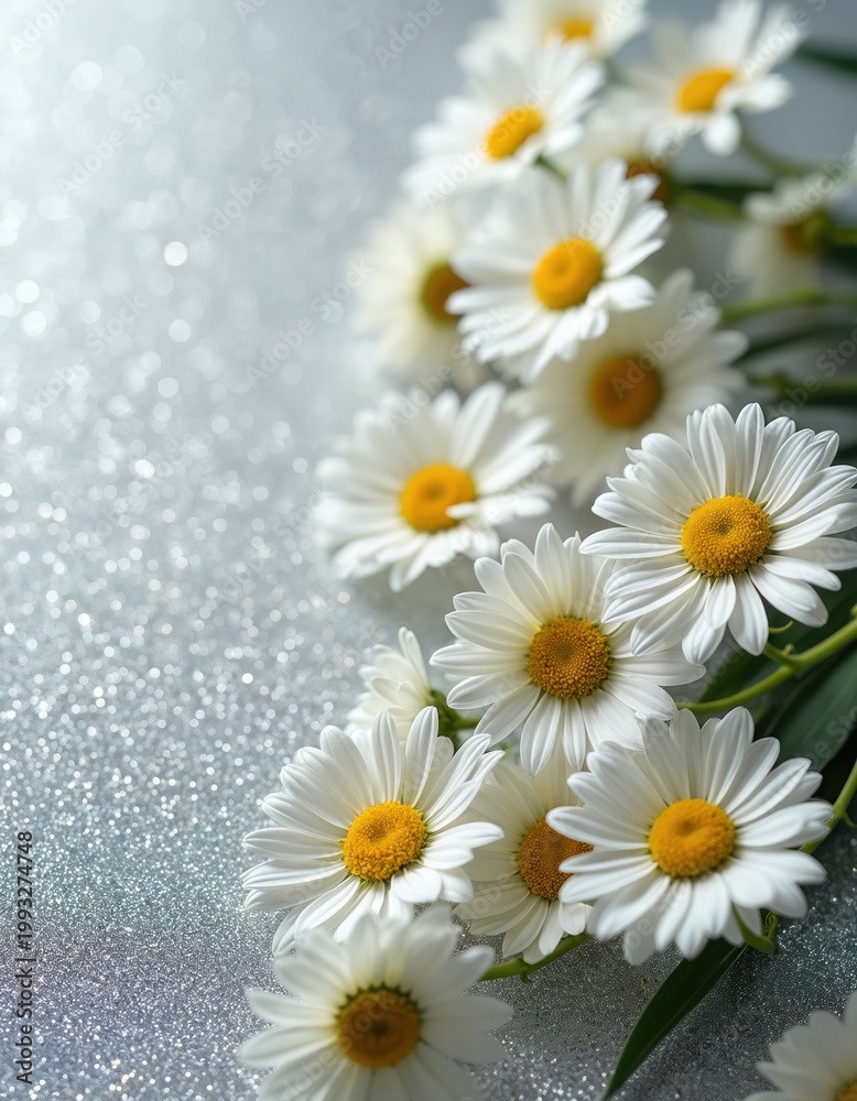 Obraz premium White daisies with yellow centers are arranged on sparkling silver background. Delicate petals, bright blooms create fresh, elegant, simple floral composition perfect for spring or summer themes.
