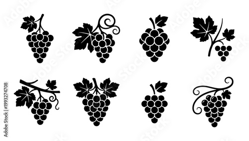 Minimalist grape icons set, black silhouette vineyard fruit symbols, 8 vector grape bunches with leaves for wine labels and branding