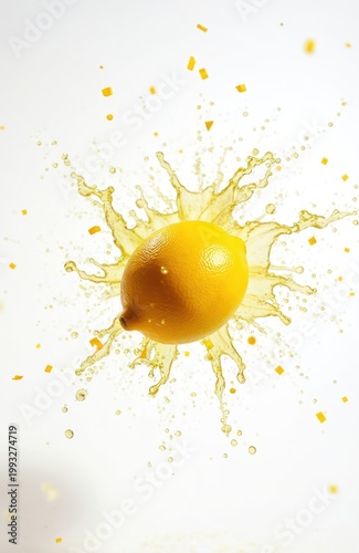 Whole yellow lemon bursts in liquid. Small cubes and droplets fly out. Bright studio shot highlights fruit freshness and energy. Isolated on white.