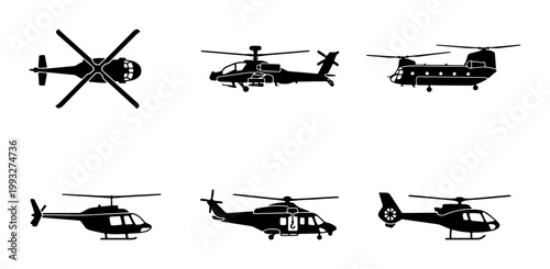 Military and civilian helicopter silhouette set, black aircraft icons collection, 6 vector helicopter illustrations for aviation and transport design
