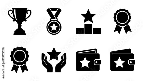 Achievement and reward icons set, black trophy and medal vector elements, 8 success and loyalty program symbols for business and gamification