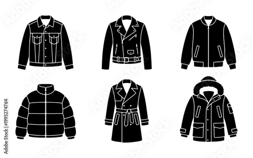 Black jacket icon set with 6 vector elements, winter outerwear and fashion coat silhouettes, denim and leather jacket illustrations for retail