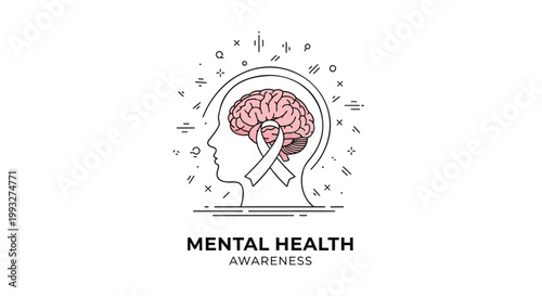 Mental health awareness symbol, brain with ribbon, mental wellness icon, vector illustration