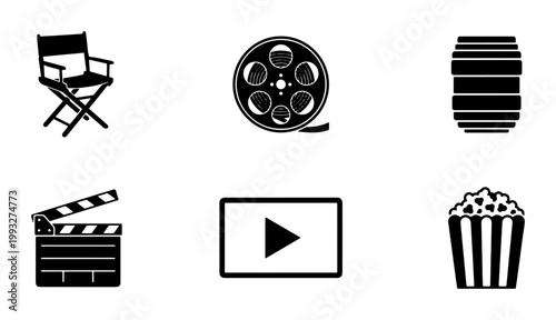 Cinema and movie production icon set, black film industry vector elements, director chair and popcorn symbols, clapperboard and film reel graphics