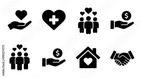 Charity and donation icon set, 8 black solid vector symbols for philanthropy and non-profit organizations, humanitarian aid and community support graphics
