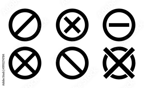 Prohibition sign icon set, black stop and cross symbols, 6 warning and restriction vector elements for UI design and safety signage