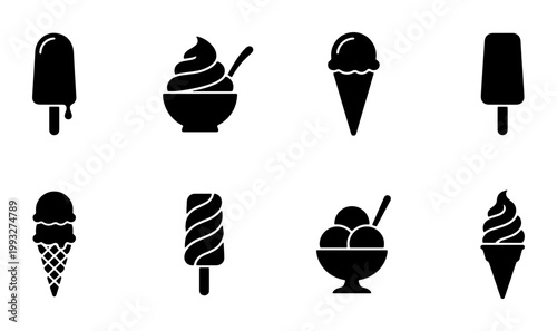 Ice cream icon set with 8 black silhouettes, frozen dessert vector elements, summer treat symbols including popsicles and cones for menu design