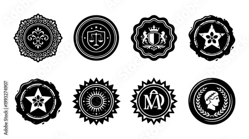 Vintage heraldic seal collection, 8 black wax stamp vector icons, classic luxury emblem set with fleur de lis and laurel wreath symbols