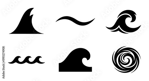 Ocean wave icons set, black sea water silhouettes, minimalist surfing and nautical symbols, set of 6 vector graphic elements for logo design